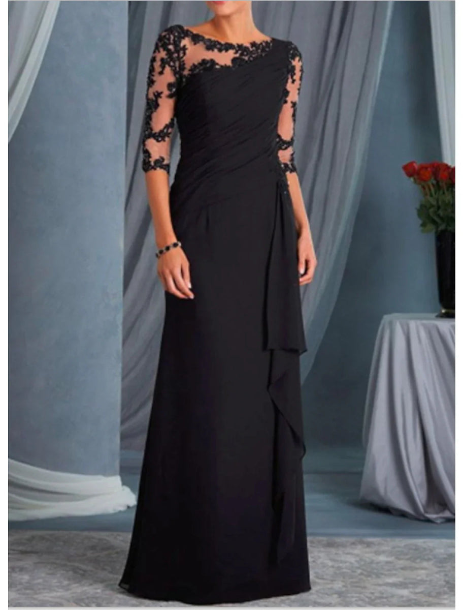 NumberSea - A - Line Mother of the Bride Dress Fall Wedding Guest Long Dresses Plus Size Scoop Neck Floor Length Chiffon Lace Half Sleeve with Draping Appliques