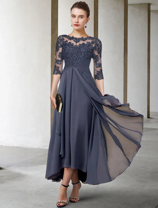 NumberSea - A - Line Mother of the Bride Dress Fall Wedding Guest Plus Size Elegant High Low Jewel Neck Asymmetrical Tea Length Chiffon Lace Half Sleeve with Ruched Appliques