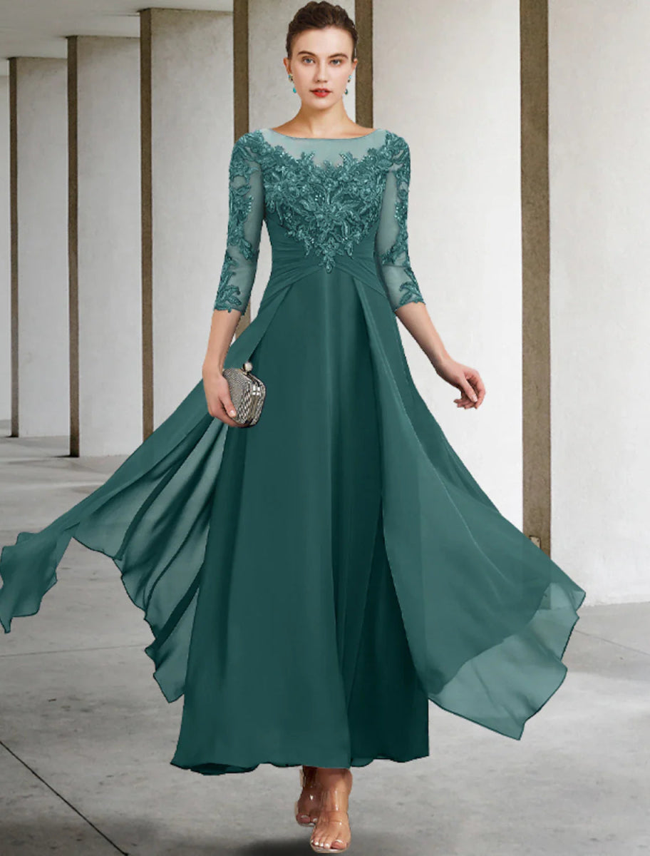 NumberSea - A - Line Mother of the Bride Dress Fall Wedding Guest Plus Size Elegant Jewel Neck Ankle Length Chiffon Lace 3/4 Length Sleeve with Ruched Sequin Appliques