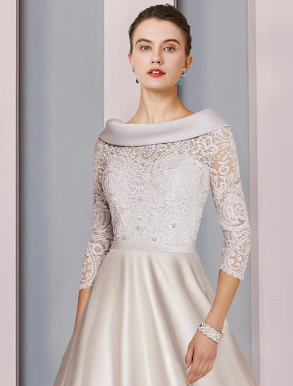 NumberSea - A - Line Mother of the Bride Dress Formal Church Party Elegant Cowl Neck Tea Length Satin Lace 3/4 Length Sleeve with Beading Appliques