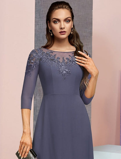 NumberSea - A - Line Mother of the Bride Dress Formal Elegant Jewel Neck Floor Length Chiffon Lace 3/4 Length Sleeve with Sequin Appliques