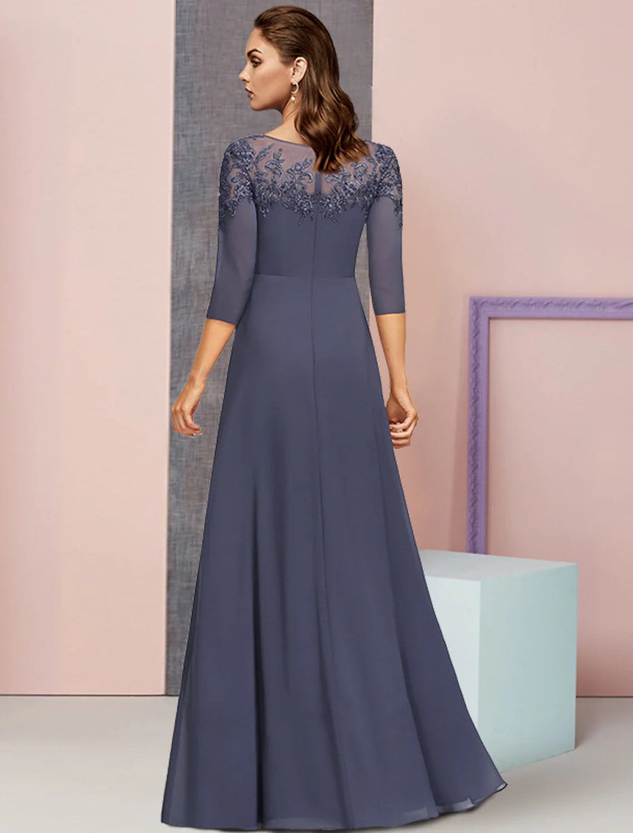 NumberSea - A - Line Mother of the Bride Dress Formal Elegant Jewel Neck Floor Length Chiffon Lace 3/4 Length Sleeve with Sequin Appliques