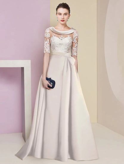 NumberSea - A - Line Mother of the Bride Dress Formal Elegant Scoop Neck Floor Length Satin Lace Half Sleeve with Appliques