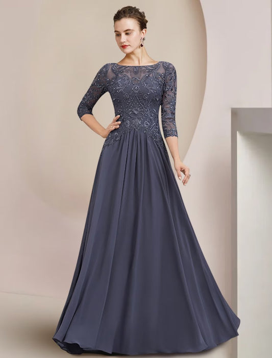 NumberSea - A - Line Mother of the Bride Dress Formal Elegant Scoop Neck Floor Length Tea Length Chiffon Lace Half Sleeve with Beading Appliques