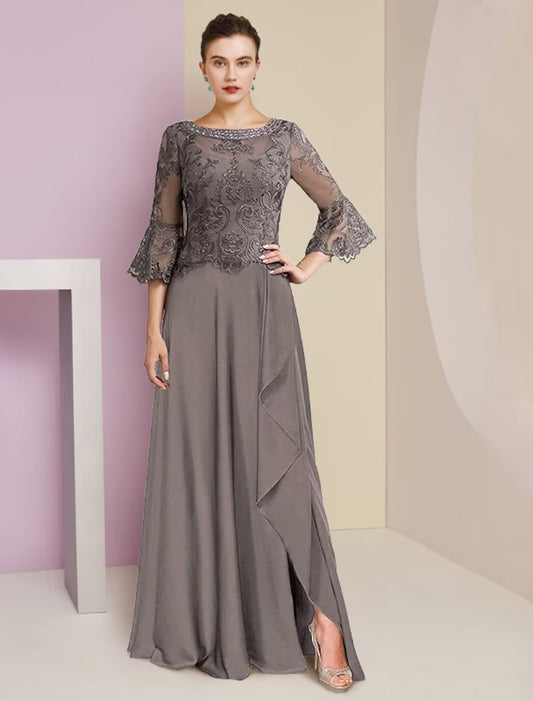 NumberSea - A - Line Mother of the Bride Dress Formal Elegant V Neck Sweep / Brush Train Lace Stretch Chiffon 3/4 Length Sleeve with Beading Appliques