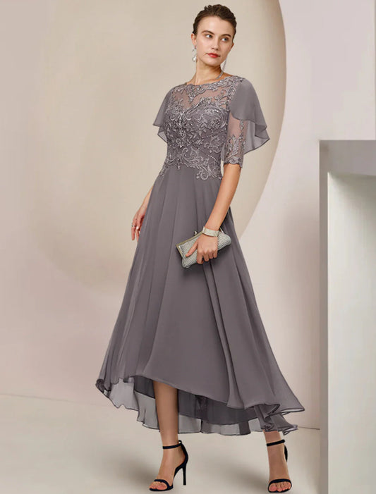 NumberSea - A - Line Mother of the Bride Dress Formal Fall Wedding Guest Elegant Scoop Neck Asymmetrical Tea Length Chiffon Lace Half Sleeve with Beading Appliques