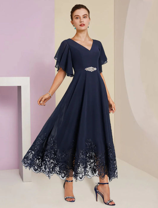 NumberSea - A - Line Mother of the Bride Dress Formal Fall Wedding Guest Elegant V Neck Tea Length Chiffon Lace Short Sleeve with Appliques Crystal Brooch