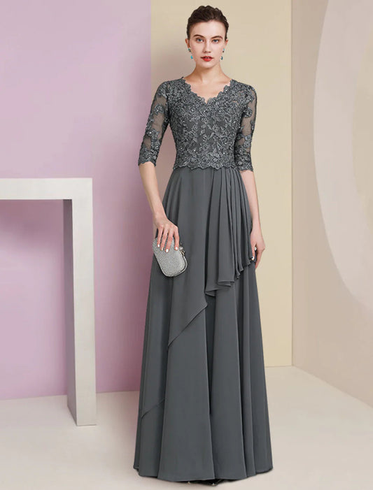 NumberSea - A - Line Mother of the Bride Dress Formal Luxurious Elegant V Neck Floor Length Chiffon Lace Half Sleeve with Pleats Beading Appliques