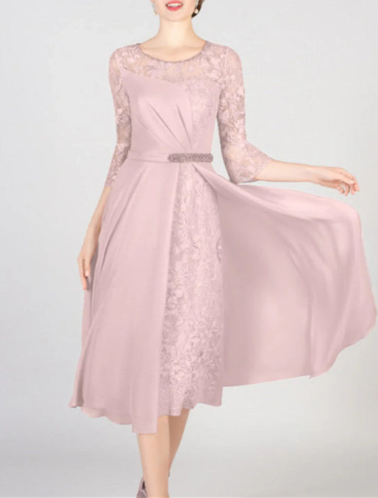 NumberSea - A - Line Mother of the Bride Dress Formal Wedding Guest Elegant Bateau Neck Scoop Neck Knee Length Chiffon Lace Half Sleeve with Crystals Appliques Solid Color