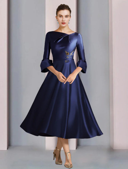 NumberSea - A - Line Mother of the Bride Dress Formal Wedding Guest Elegant Bateau Neck Tea Length Satin 3/4 Length Sleeve with Pleats Beading