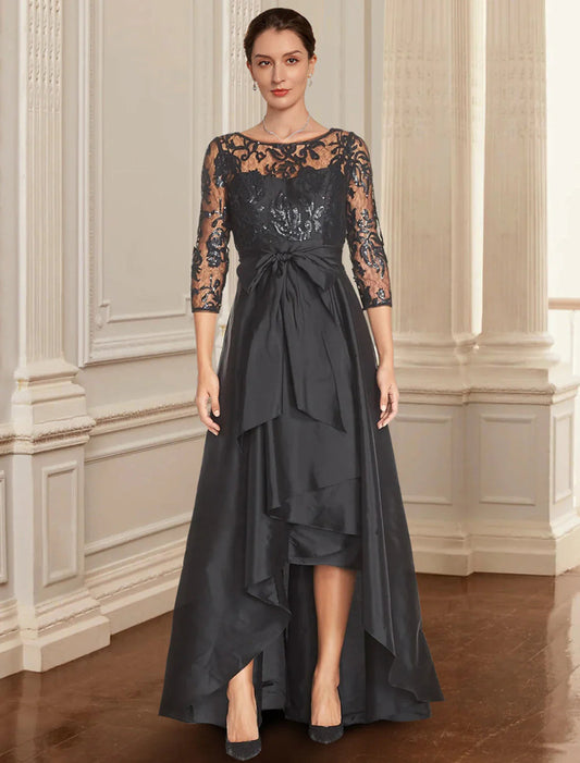 NumberSea - A - Line Mother of the Bride Dress Formal Wedding Guest Elegant Black Dress Jewel Neck Asymmetrical Lace Italy Satin 3/4 Length Sleeve with Lace Bow(s) Sequin