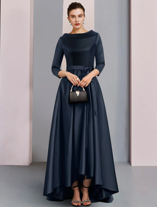 NumberSea - A - Line Mother of the Bride Dress Formal Wedding Guest Elegant High Low Bateau Neck Asymmetrical Ankle Length Satin 3/4 Length Sleeve with Bow(s) Pleats