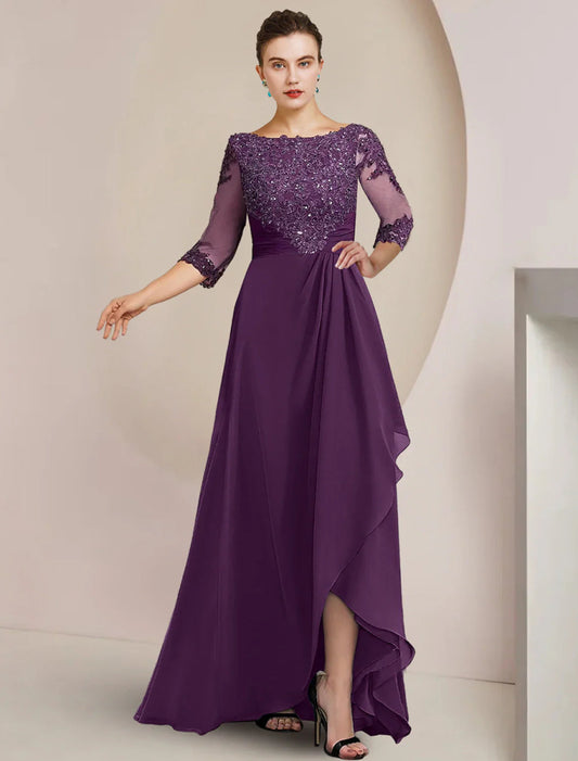 NumberSea - A - Line Mother of the Bride Dress Formal Wedding Guest Elegant High Low Scoop Neck Asymmetrical Floor Length Chiffon Lace 3/4 Length Sleeve with Beading Sequin Appliques