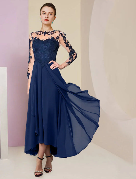 NumberSea - A - Line Mother of the Bride Dress Formal Wedding Guest Elegant High Low Scoop Neck Asymmetrical Tea Length Chiffon Lace 3/4 Length Sleeve with Pleats Appliques