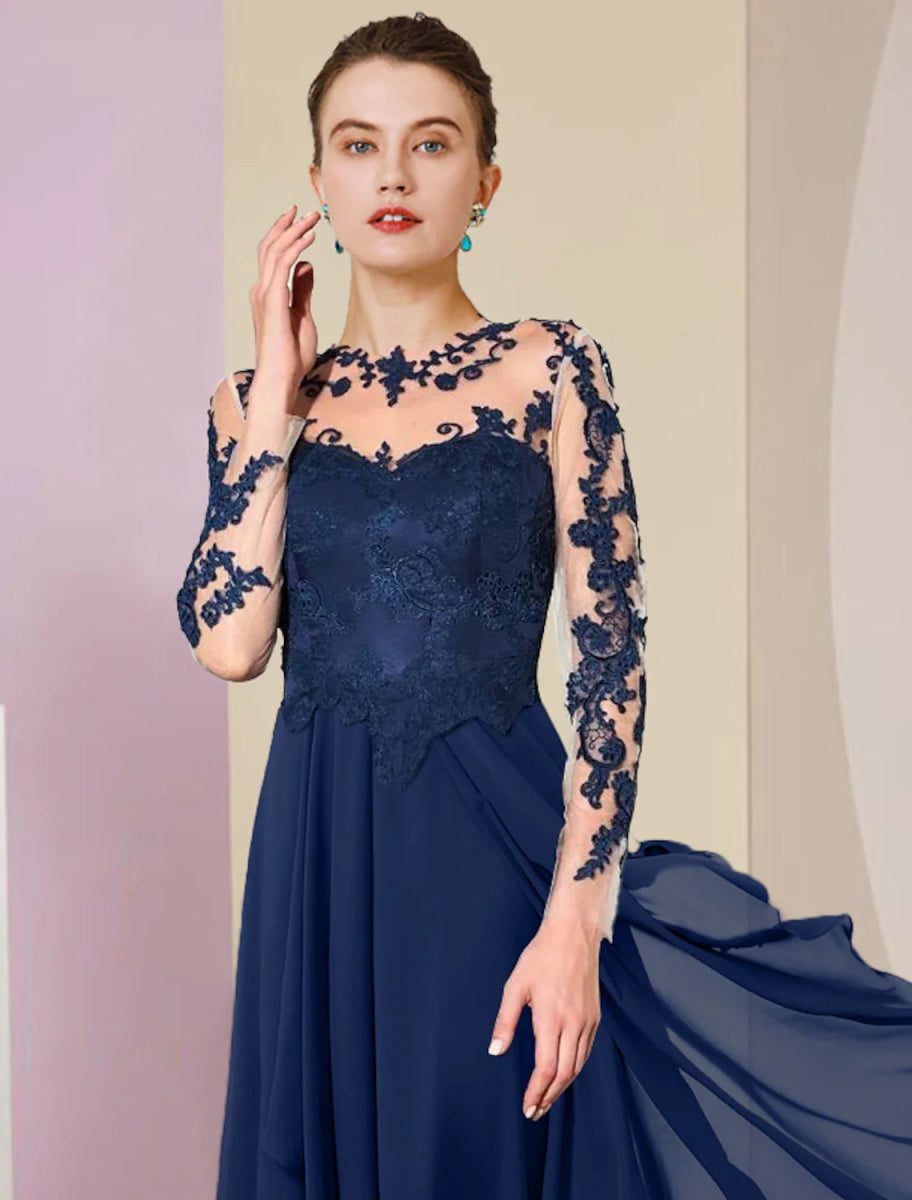 NumberSea - A - Line Mother of the Bride Dress Formal Wedding Guest Elegant High Low Scoop Neck Asymmetrical Tea Length Chiffon Lace 3/4 Length Sleeve with Pleats Appliques