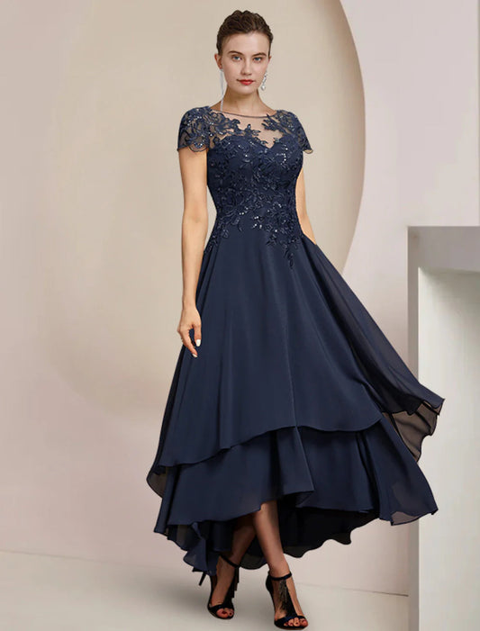 NumberSea - A - Line Mother of the Bride Dress Formal Wedding Guest Elegant High Low Scoop Neck Asymmetrical Tea Length Chiffon Lace Short Sleeve with Sequin Appliques