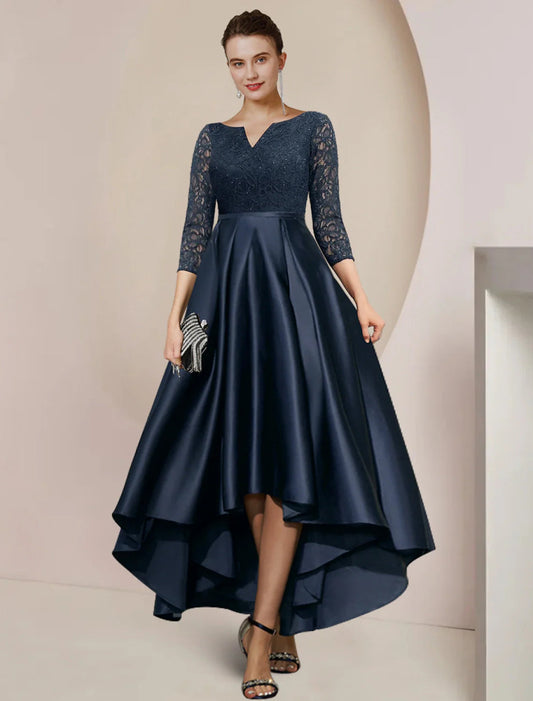 NumberSea - A - Line Mother of the Bride Dress Formal Wedding Guest Elegant High Low Scoop Neck Asymmetrical Tea Length Satin Lace 3/4 Length Sleeve with Pleats Beading