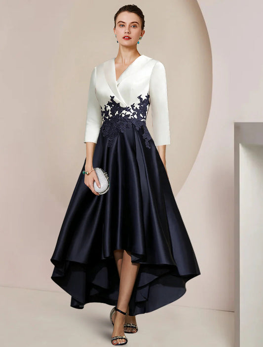 NumberSea - A - Line Mother of the Bride Dress Formal Wedding Guest Elegant High Low Shirt Collar Asymmetrical Tea Length Satin Lace 3/4 Length Sleeve with Appliques Color Block