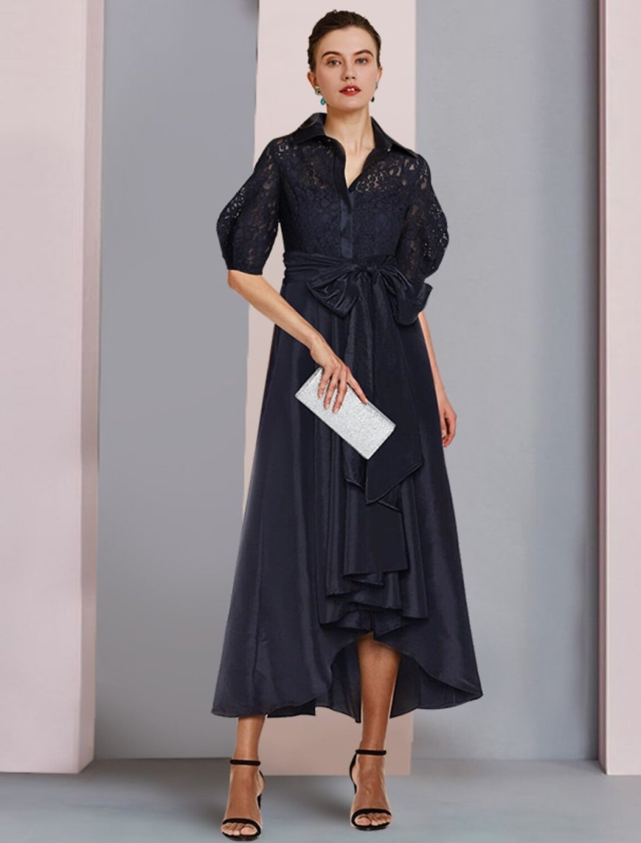 NumberSea - A - Line Mother of the Bride Dress Formal Wedding Guest Elegant High Low Shirt Collar Asymmetrical Tea Length Taffeta Short Sleeve with Bow(s) Pleats