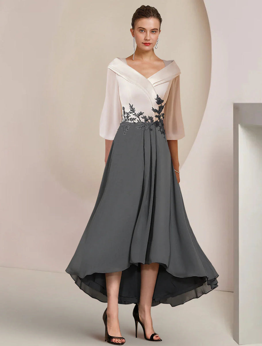 NumberSea - A - Line Mother of the Bride Dress Formal Wedding Guest Elegant High Low V Neck Asymmetrical Tea Length Chiffon Lace 3/4 Length Sleeve with Pleats Appliques Color Block