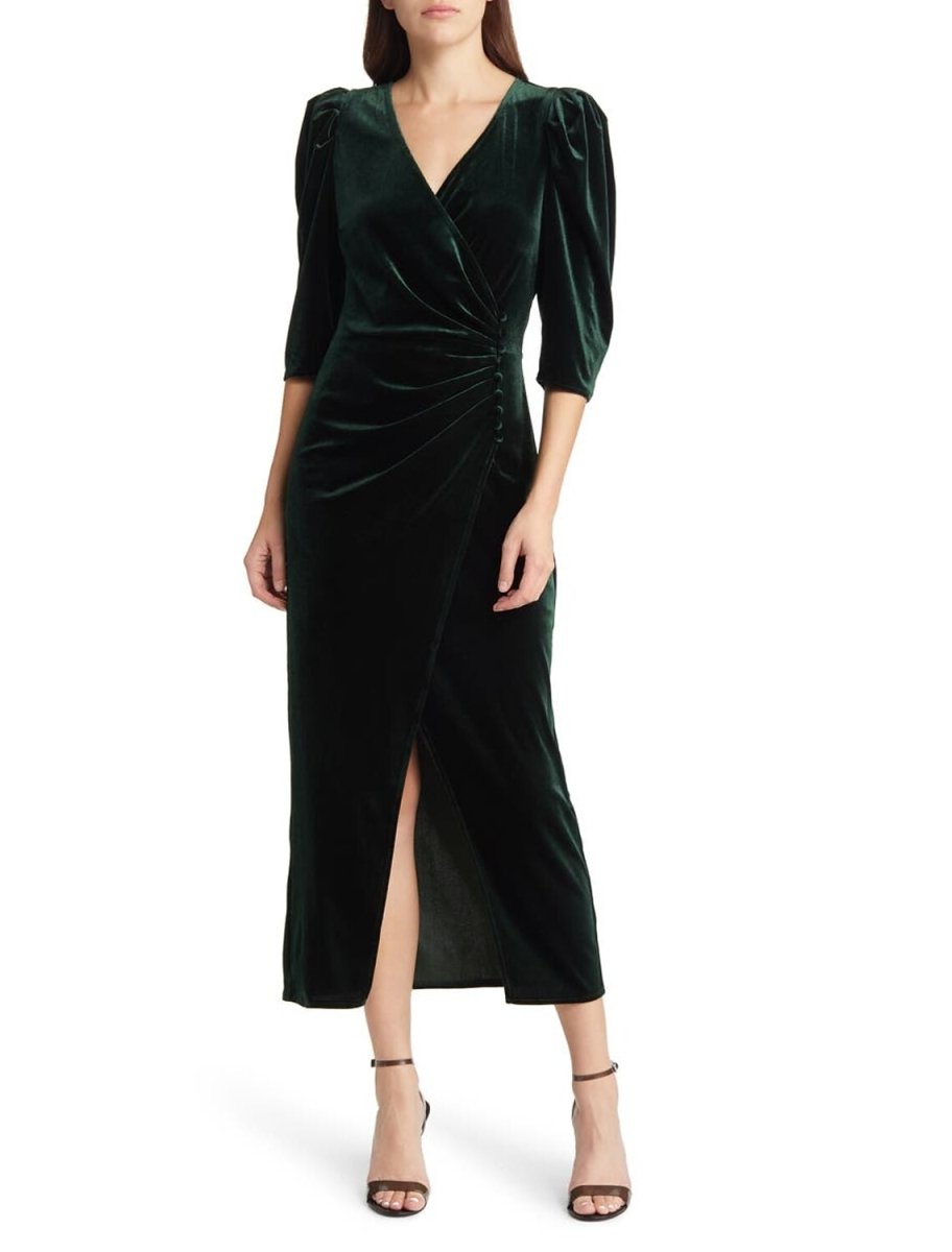 NumberSea - A - Line Mother of the Bride Dress Formal Wedding Guest Elegant Party V Neck Tea Length Velvet 3/4 Length Sleeve with Split Front