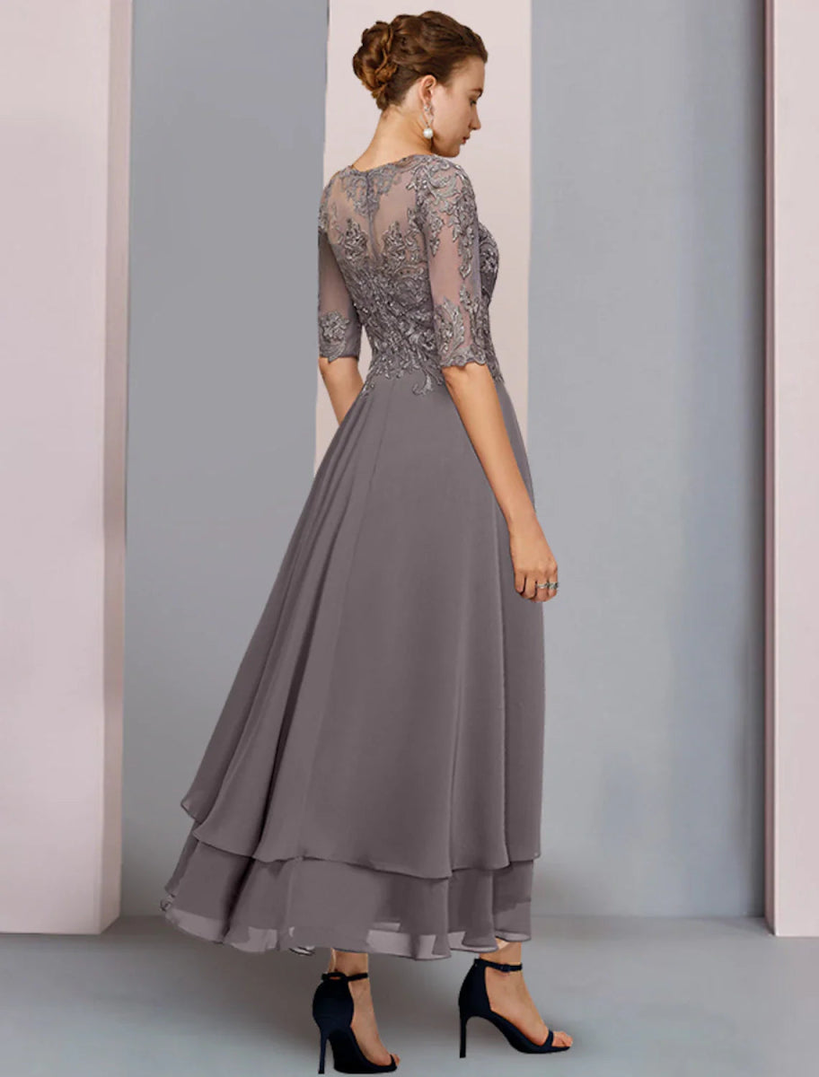 NumberSea - A - Line Mother of the Bride Dress Formal Wedding Guest Elegant Scoop Neck Asymmetrical Tea Length Chiffon Lace 3/4 Length Sleeve with Beading Tier Appliques