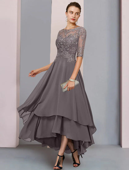 NumberSea - A - Line Mother of the Bride Dress Formal Wedding Guest Elegant Scoop Neck Asymmetrical Tea Length Chiffon Lace 3/4 Length Sleeve with Beading Tier Appliques