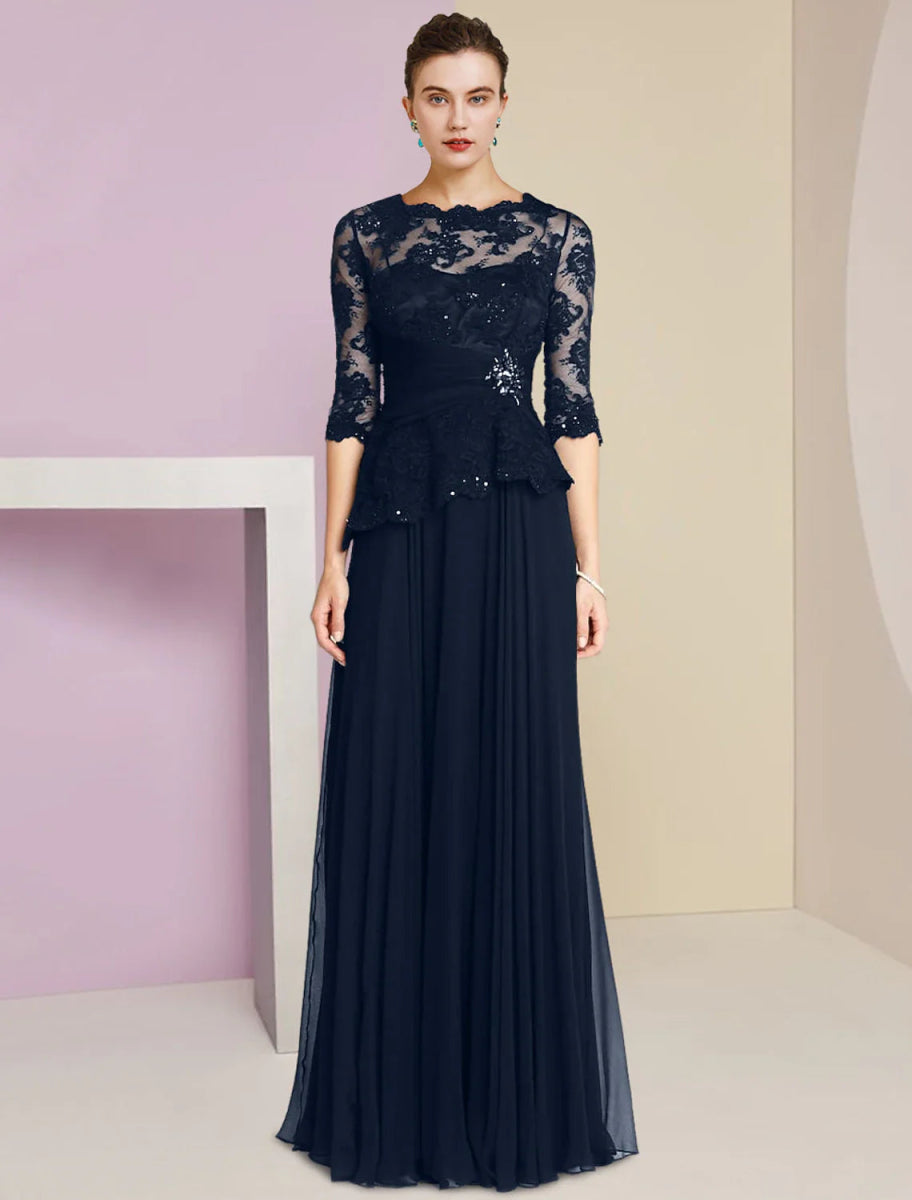 NumberSea - A - Line Mother of the Bride Dress Formal Wedding Guest Elegant Scoop Neck Floor Length Chiffon Lace Half Sleeve with Pleats Appliques Crystal Brooch