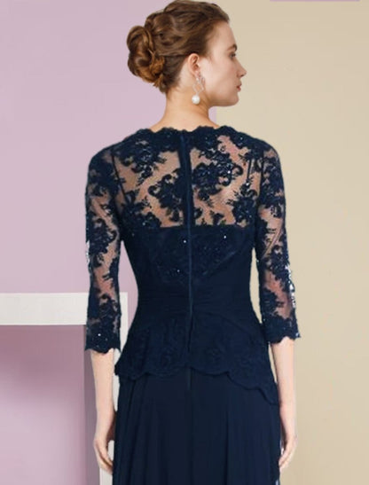 NumberSea - A - Line Mother of the Bride Dress Formal Wedding Guest Elegant Scoop Neck Floor Length Chiffon Lace Half Sleeve with Pleats Appliques Crystal Brooch