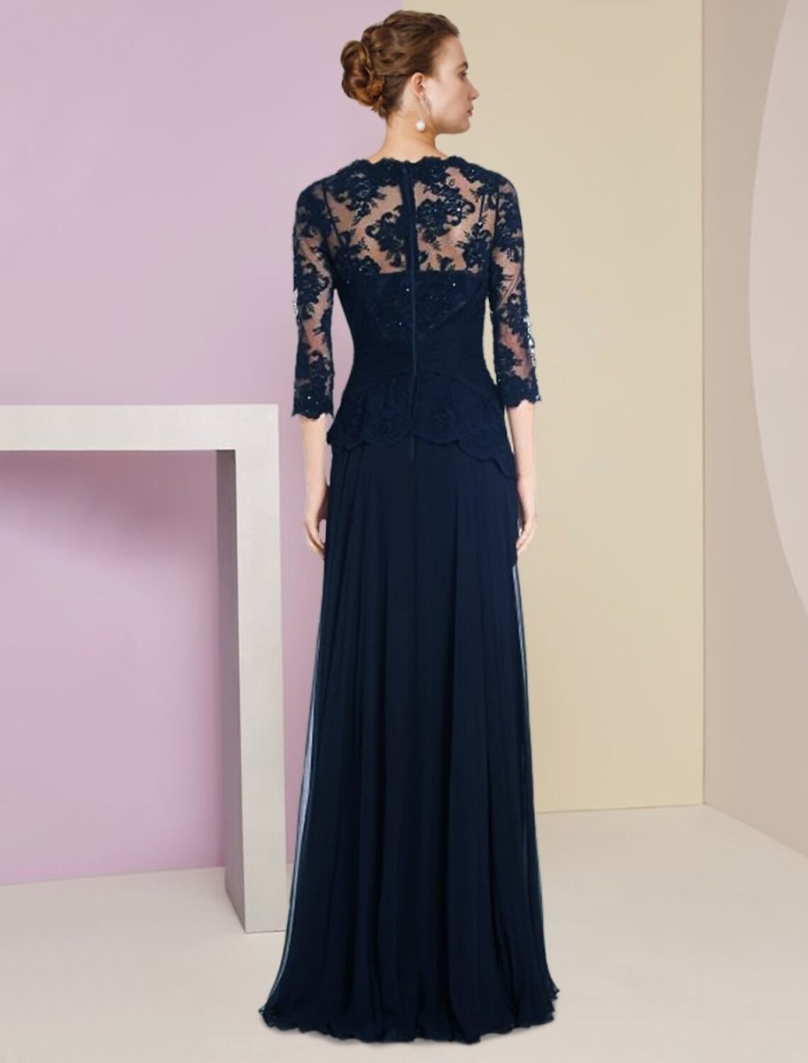 NumberSea - A - Line Mother of the Bride Dress Formal Wedding Guest Elegant Scoop Neck Floor Length Chiffon Lace Half Sleeve with Pleats Appliques Crystal Brooch