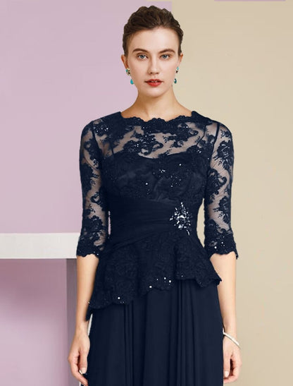 NumberSea - A - Line Mother of the Bride Dress Formal Wedding Guest Elegant Scoop Neck Floor Length Chiffon Lace Half Sleeve with Pleats Appliques Crystal Brooch