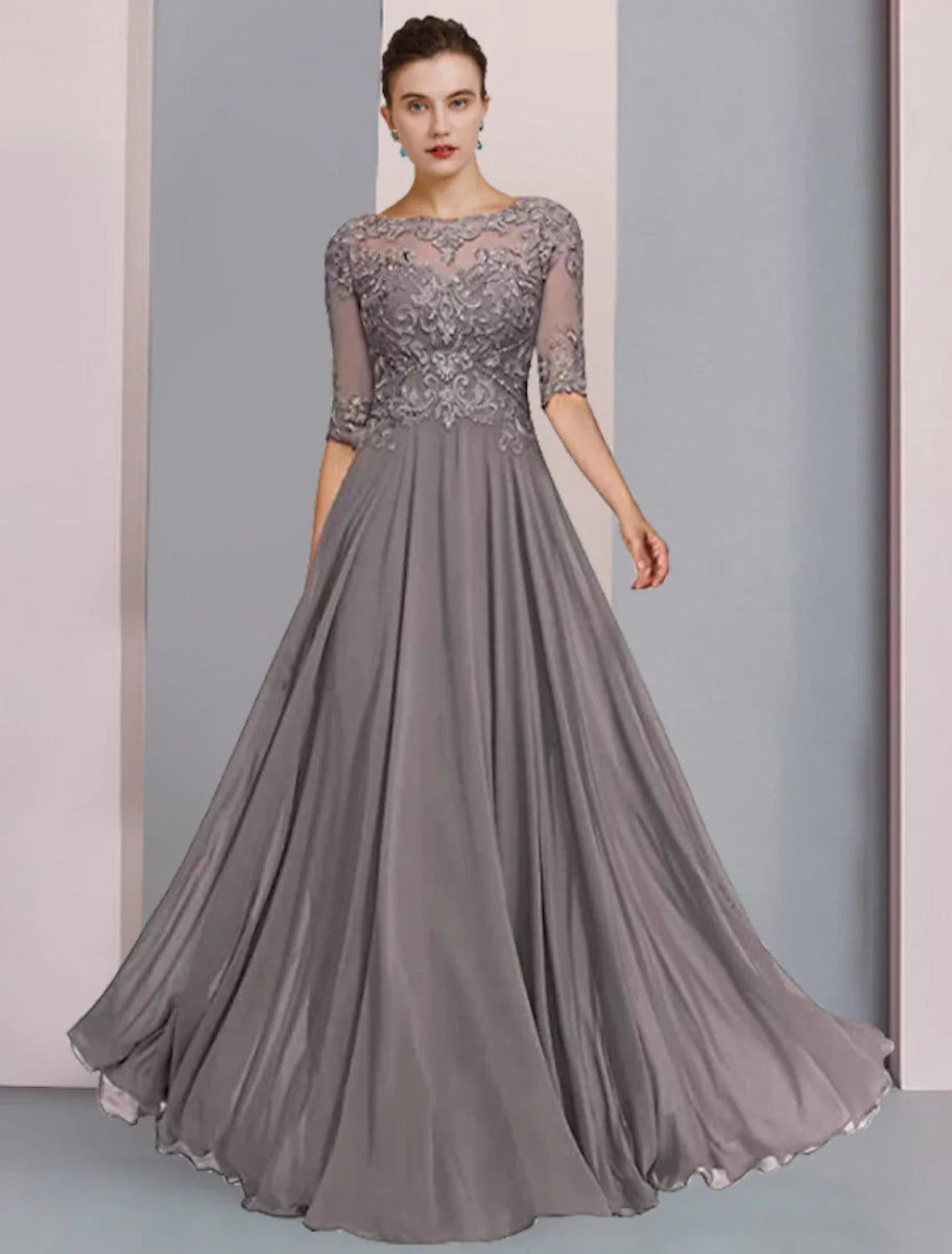 NumberSea - A - Line Mother of the Bride Dress Formal Wedding Guest Elegant Scoop Neck Floor Length Chiffon Lace Half Sleeve Wrap Included with Pleats Beading Appliques