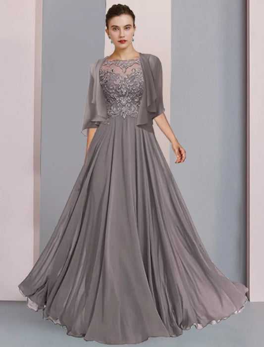 NumberSea - A - Line Mother of the Bride Dress Formal Wedding Guest Elegant Scoop Neck Floor Length Chiffon Lace Half Sleeve Wrap Included with Pleats Beading Appliques