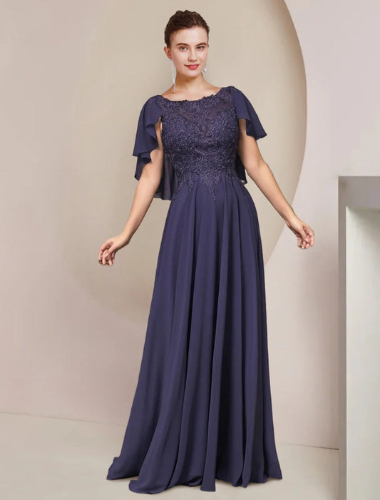 NumberSea - A - Line Mother of the Bride Dress Formal Wedding Guest Elegant Scoop Neck Floor Length Chiffon Lace Sleeveless with Pleats Appliques