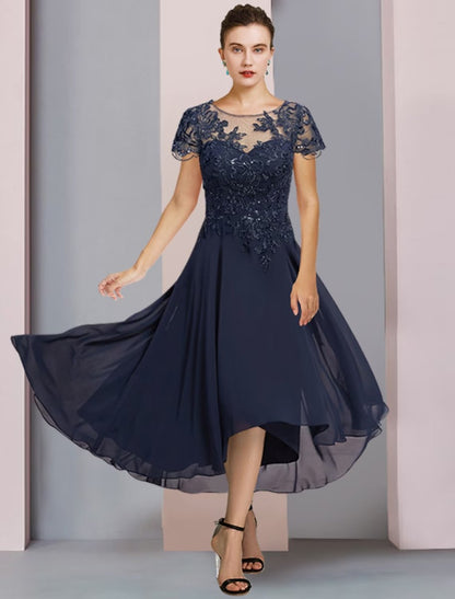 NumberSea - A - Line Mother of the Bride Dress Formal Wedding Guest Elegant Scoop Neck Jewel Neck Tea Length Chiffon Lace Short Sleeve with Pleats Sequin Appliques