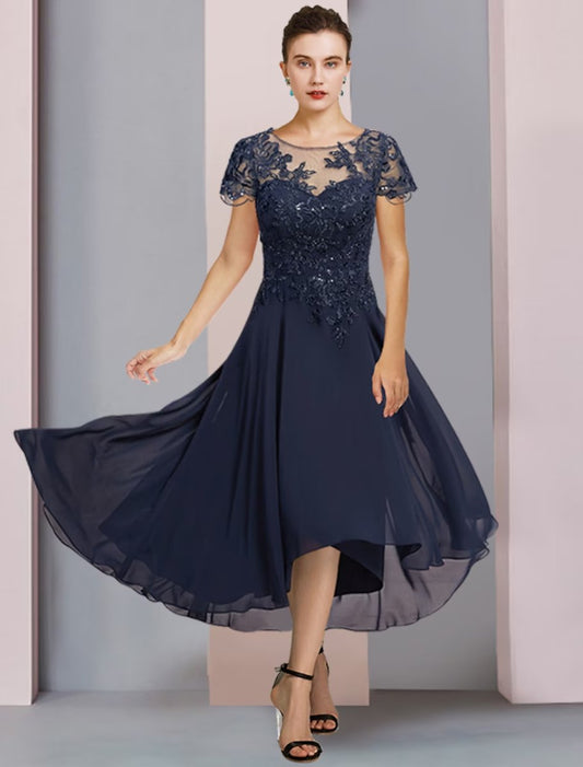 NumberSea - A - Line Mother of the Bride Dress Formal Wedding Guest Elegant Scoop Neck Jewel Neck Tea Length Chiffon Lace Short Sleeve with Pleats Sequin Appliques