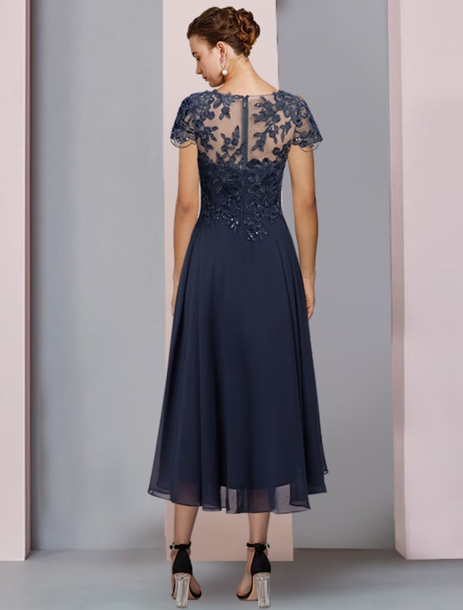 NumberSea - A - Line Mother of the Bride Dress Formal Wedding Guest Elegant Scoop Neck Jewel Neck Tea Length Chiffon Lace Short Sleeve with Pleats Sequin Appliques