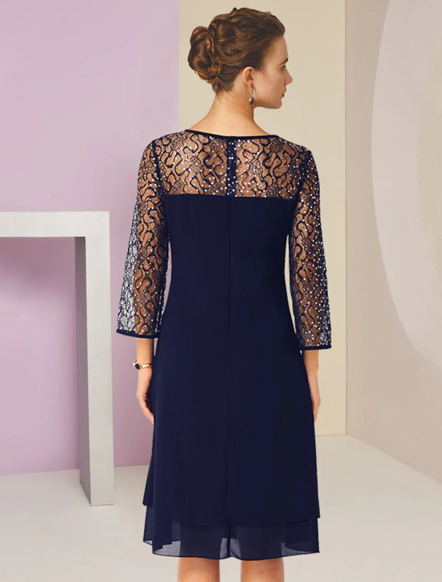 NumberSea - A - Line Mother of the Bride Dress Formal Wedding Guest Elegant Scoop Neck Knee Length Lace 3/4 Length Sleeve with Sequin