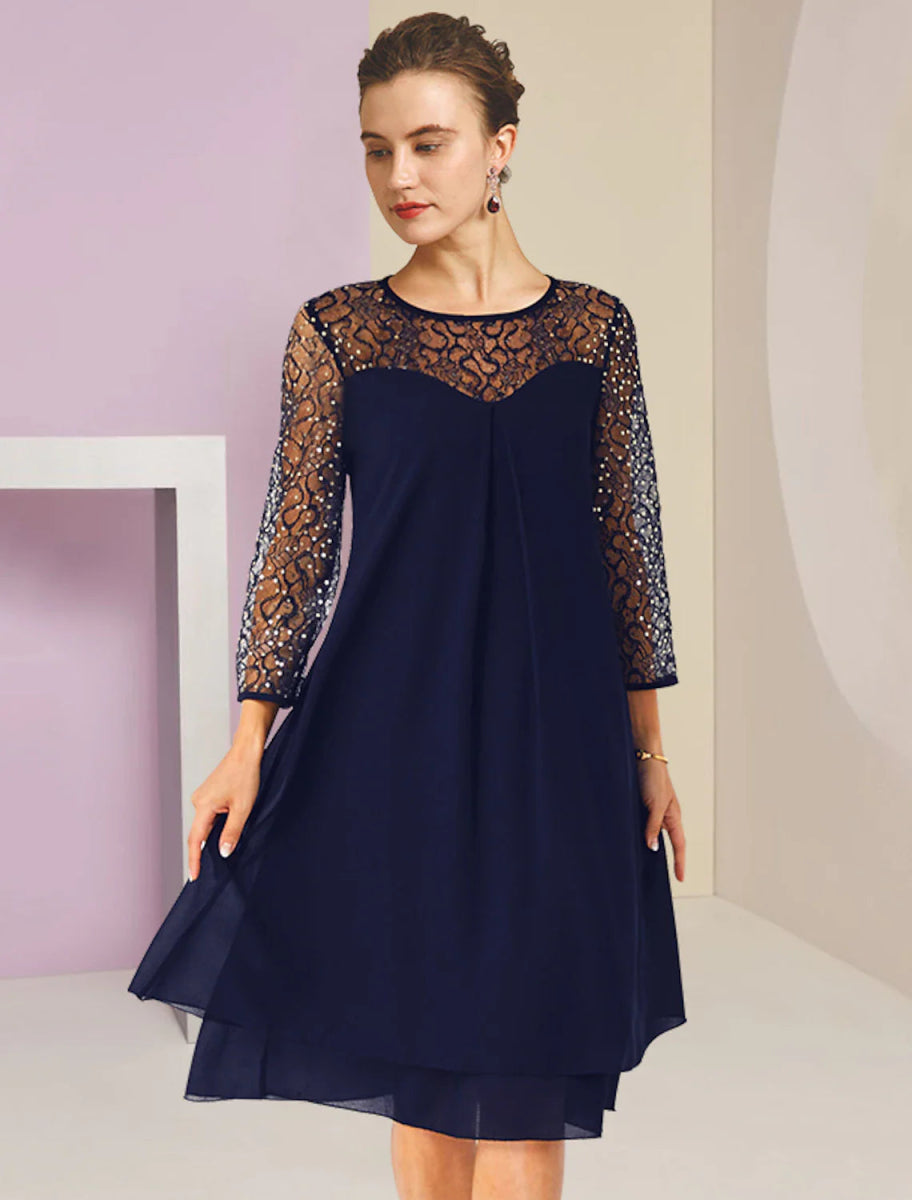 NumberSea - A - Line Mother of the Bride Dress Formal Wedding Guest Elegant Scoop Neck Knee Length Lace 3/4 Length Sleeve with Sequin