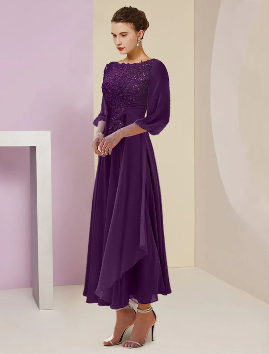 NumberSea - A - Line Mother of the Bride Dress Formal Wedding Guest Elegant Scoop Neck Tea Length Chiffon Lace 3/4 Length Sleeve with Beading Sequin Appliques