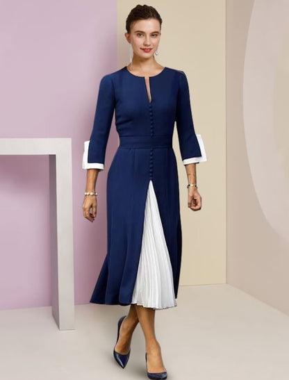 NumberSea - A - Line Mother of the Bride Dress Formal Wedding Guest Elegant Scoop Neck Tea Length Stretch Chiffon 3/4 Length Sleeve with Buttons Color Block