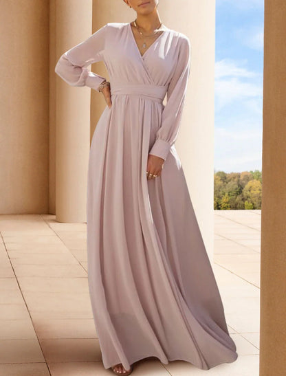 NumberSea - A - Line Mother of the Bride Dress Formal Wedding Guest Elegant Scoop Neck V Neck Floor Length Chiffon Long Sleeve with Pleats