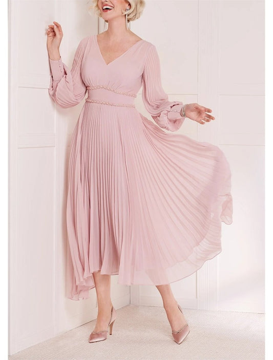 NumberSea - A - Line Mother of the Bride Dress Formal Wedding Guest Elegant Scoop Neck V Neck Tea Length Chiffon Long Sleeve with Crystals Ruching Solid Color