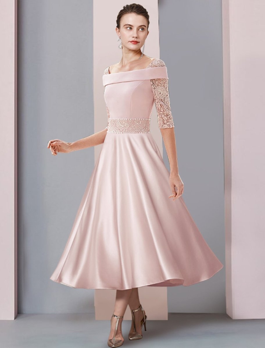 NumberSea - A - Line Mother of the Bride Dress Formal Wedding Guest Elegant Square Neck Tea Length Satin Lace Half Sleeve with Pearls