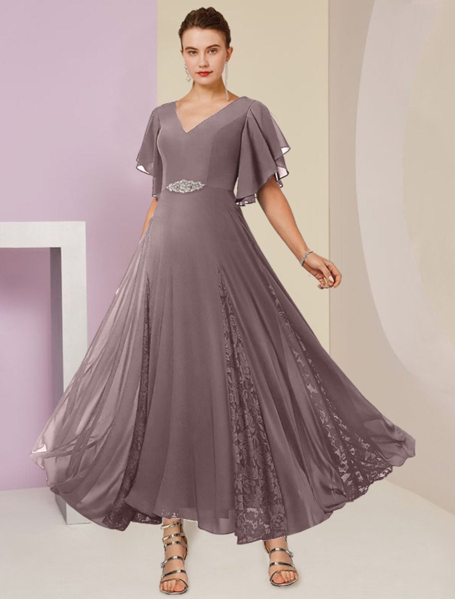 NumberSea - A - Line Mother of the Bride Dress Formal Wedding Guest Elegant V Neck Ankle Length Chiffon Lace Short Sleeve with Pleats Crystal Brooch