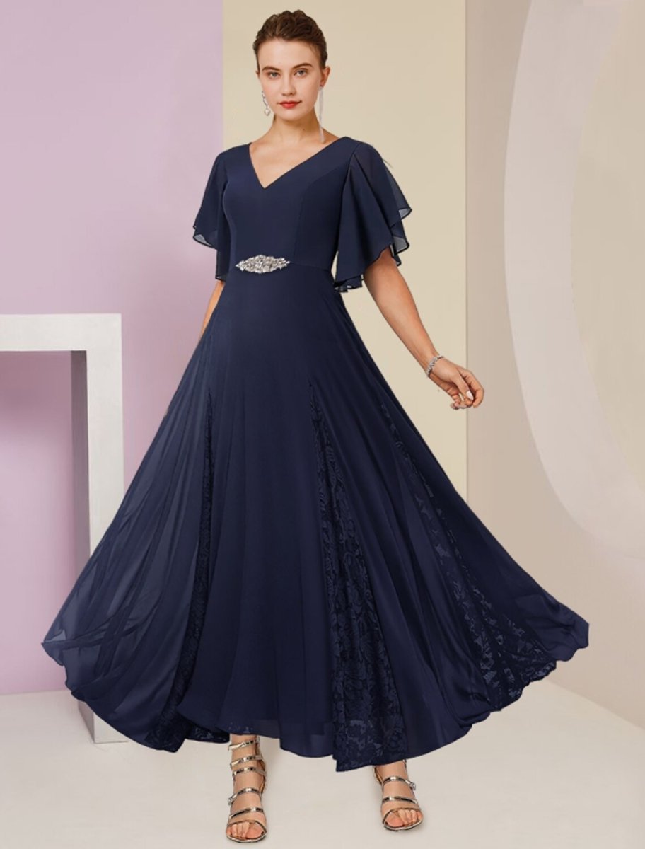 NumberSea - A - Line Mother of the Bride Dress Formal Wedding Guest Elegant V Neck Ankle Length Chiffon Lace Short Sleeve with Pleats Crystal Brooch