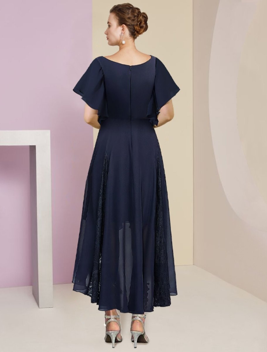 NumberSea - A - Line Mother of the Bride Dress Formal Wedding Guest Elegant V Neck Ankle Length Chiffon Lace Short Sleeve with Pleats Crystal Brooch