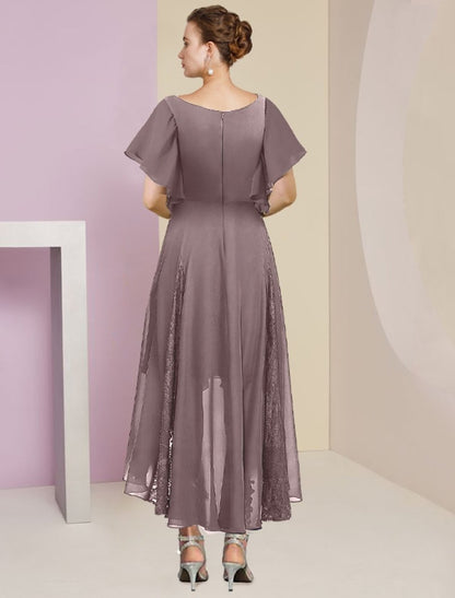 NumberSea - A - Line Mother of the Bride Dress Formal Wedding Guest Elegant V Neck Ankle Length Chiffon Lace Short Sleeve with Pleats Crystal Brooch