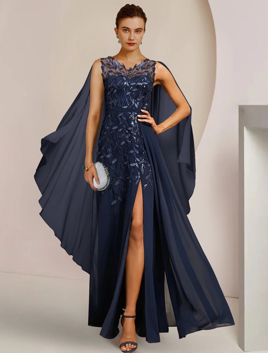 NumberSea - A - Line Mother of the Bride Dress Formal Wedding Guest Elegant V Neck Floor Length Chiffon Sequined Sleeveless with Appliques Split Front