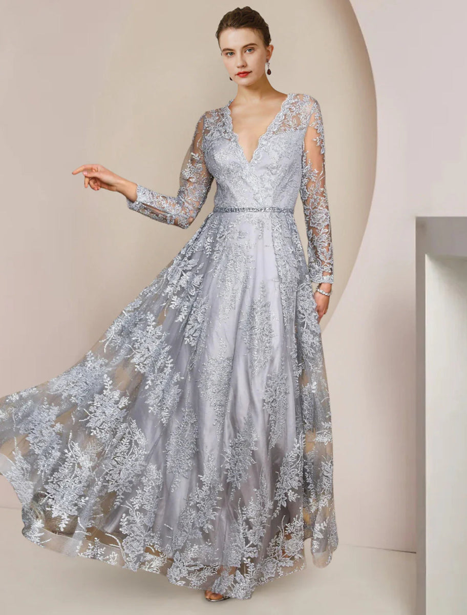 NumberSea - A - Line Mother of the Bride Dress Formal Wedding Guest Elegant V Neck Floor Length Tea Length Lace Long Sleeve with Appliques Crystal Brooch